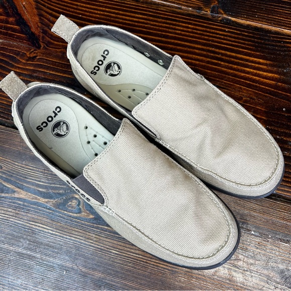 CROCS Walu Slip-On Loafers Khaki/Brown Canvas Slip On Boat Shoes - Picture 7 of 11